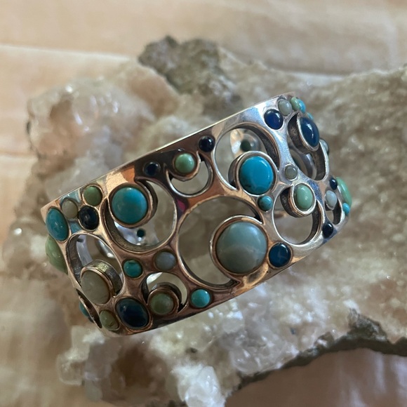 Vintage Sterling Silver Chunky Cuff Moon Cut Outs Various Stones - Picture 5 of 9